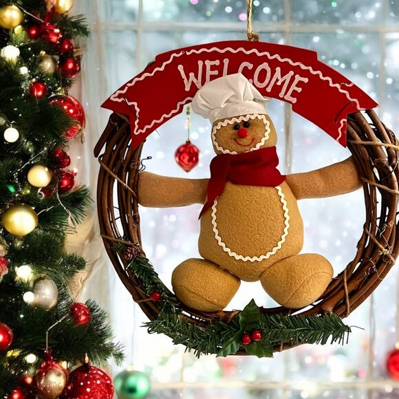 Gingerbread Christmas Wreath-Grape Vine-Welcome-Holiday-Farmhouse-Country-VTG - Picture 2 of 4